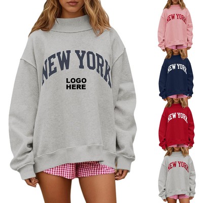 Custom Oversized Long Sleeve Casual Tops Women's Stylish Ribbed Turtleneck Pullover Sweatshirt